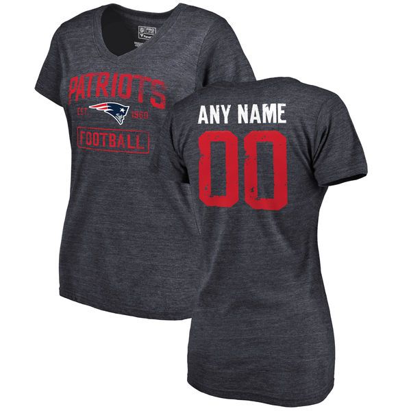 Women Navy New England Patriots Distressed Custom Name and Number Tri-Blend V-Neck NFL T-Shirt->->Sports Accessory